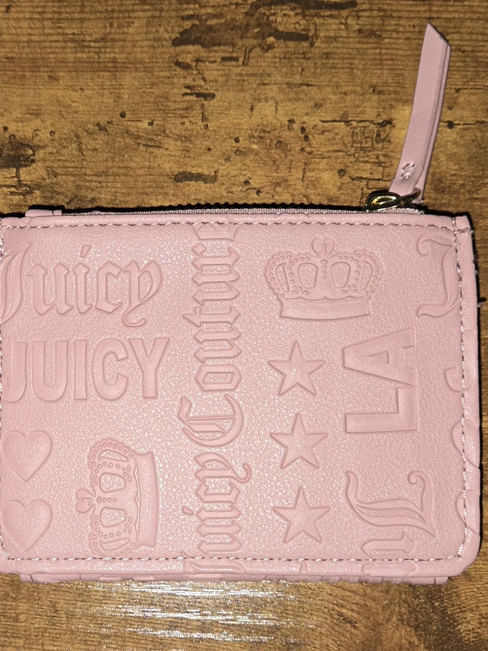 Juicy Couture Light Pink Embossed Leather Card Holder with Gold Plate